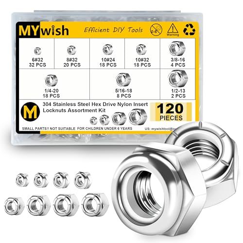 Mywish 100Pcs T Nuts, 1/4 20 Nut Hardware Nuts & 120Pcs SAE Nylon Insert Lock Nuts Assortment Kit, 6#32 8#32 10#24 10#32 5/16-18 3/8-16 1/2-13 1/4-20 Hex Locknuts Sets, 304 Stainless Steel