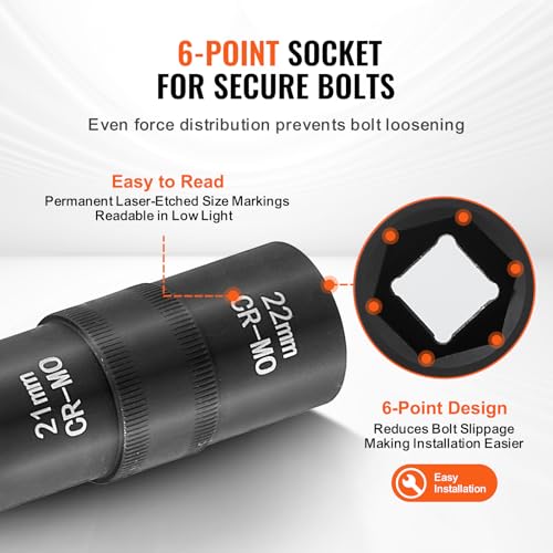 VEVOR Lug Nut Impact Socket Set 1/2-Inch Drive, 8-IN-4 Flip Socket Design, Covers Most Commonly Used SAE & Metric Wheel Nuts, CR-MO Steel 8-IN-4 Flip Design 1/2" 5PCS 6PT
