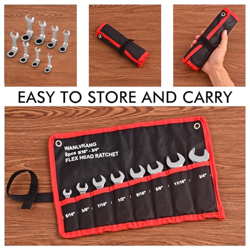 Stubby Wrenches Set, Flex Head Ratcheting Wrench Set Open End Ratchet Wrench Metric 8 Pieces(Metric)