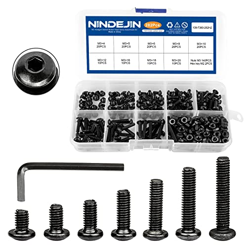 NINDEJIN M2 M3 M4 M5 Hex Socket Cap Screw Machine Screws Assortment Kit (580pcs Stainless Steel) + NINDEJIN M3 Button Head Hex Socket Cap Screw Bolt and Nut Set (282pcs Carbon Steel)