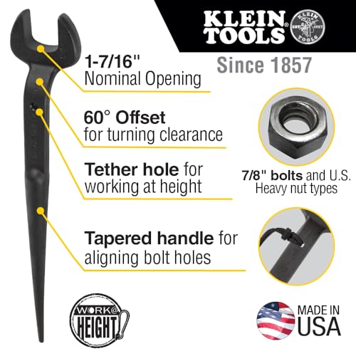 KLEIN TOOLS 3213TT Construction Spud Wrench with Tether Hole, Made in USA, 1-7/16-Inch Nominal Opening, 7/8-Inch Bolt for US Heavy Nut Tetherable