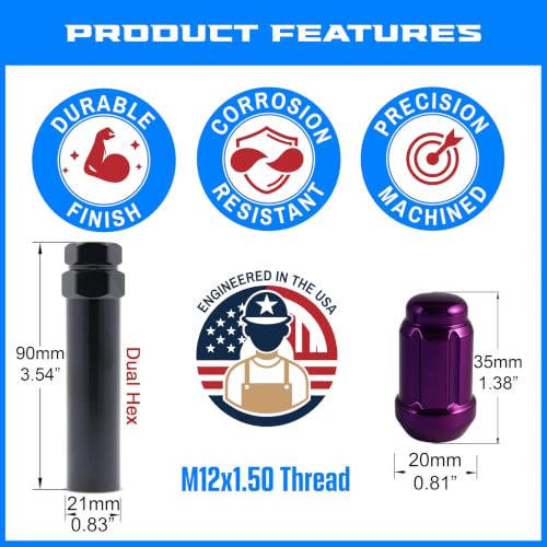 20 Purple Spline Drive Small Diameter Acorn 12x1.5 Purple Lug Nut Kit with Key 20