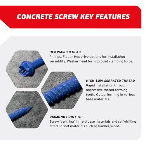 3/16 x 4 Hex Head Blue Concrete Screw Anchors (100 pcs Screw Kit) with one Screwdriver and Drill Bit for Concrete, Masonry, Block, Brick and Wood Fastening 3/16 x 4"