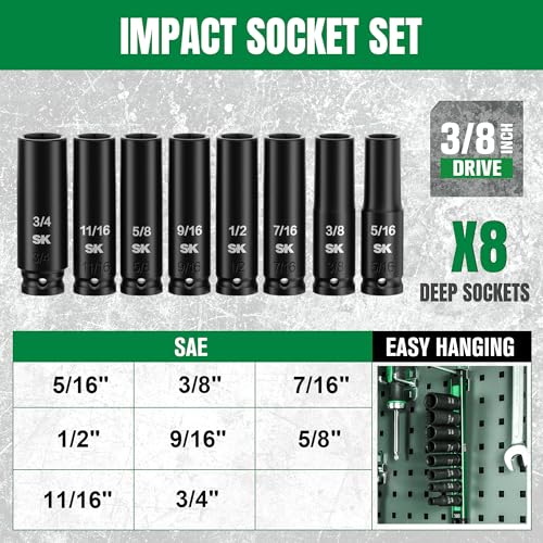 SK 3/8” Drive Impact Socket Set, Deep SAE Sockets, 8-Piece 5/16” to 3/4”
