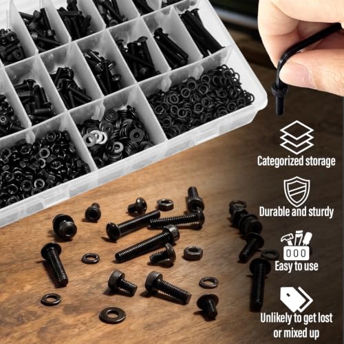 Sutekus 1260Pcs M4 Screws Kit, 12.9 Grade Carbon Steel Black Oxide Hex Socket Button & Cap Head Bolts, Metric Assortment with Nuts Flat Washers Lock Washers, 6-40mm