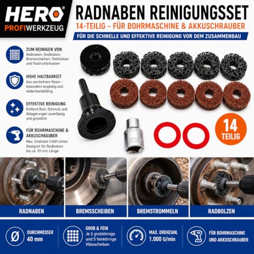 Hero Wheel Hub Cleaning Discs Set 14 Pieces Diameter 40 mm - Wheel Hub Cleaner for Rust & Dirt - Hub Cleaning Set for Wheel Bolts Brake Discs - for Drill & Cordless Screwdriver