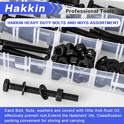 Hakkin 120PCS 5/16-18 Hex Bolts and Nuts Kit, Length 3/4",1”,1-1/2",2",2-1/2”,3”, 5/16” Heavy Duty Nuts and Bolts Screws Flat & Lock Washers Kit, Grade 8.8 Carbon Steel Machine Screw Assortment Kit H 5/16-18 Hex Bolts Black (120pcs)