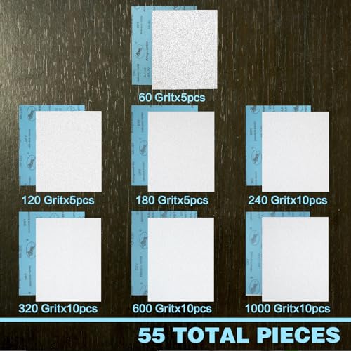 White Dry Sandpaper 55 Sheets 9x11, 60-1000 Grit Wood Metal Painted Surfaces