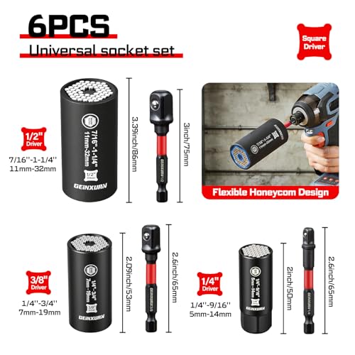 Geinxurn 6 PCS Universal Socket Set Heavy Duty,SAE& Metric (5-32mm,1/4"-1-1/4") Super Sockets for Unscrew Any Nuts Bolts,1/4", 3/8", 1/2" Impact Power Drill Adapters,for Auto Repair & Home Maintenance 1/4;3/8;1/2