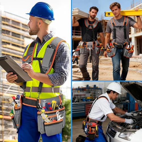 Tool Belt for Men,Magnetic Tool Pouch With Suspenders,18-Pocket Adjustable Heavy Duty Tool Organizer for Electricians, Carpenters, DIY, Construction,Gift-Fits Waists 32"-60"