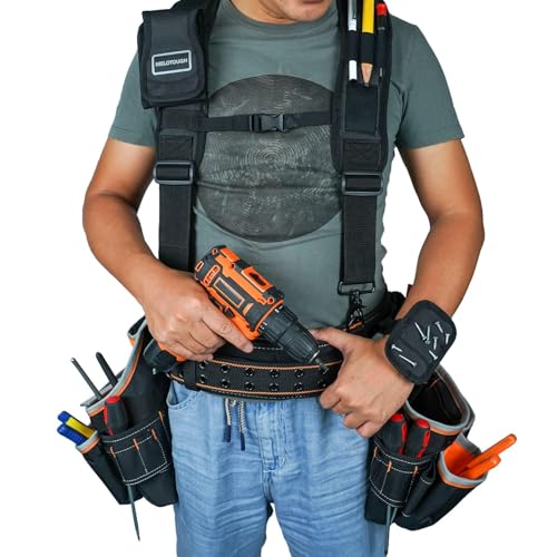 MELOTOUGH Magnetic Tool Belt Suspenders with Magnetic WristBand,Padded Tool Belt for Men with handle strap, Heavy-Duty Work Belt with D ring