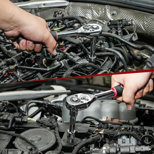 Egofine 34 Pieces 3/8 inch Drive Socket Ratchet Wrench Set, with Socket Set Metric/SAE and Extension Bar for Auto Repairing and Household, with Storage Case Red 3/8" 34 PCS