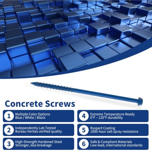 1/4" x 6" Concrete Screws, Blue Hex Head with Star Drive, 100 Pack w/ 2 Drill Bits, 1 Star Bit, & 1 Hex Bit Included - Heavy Duty Masonry Anchor Screws for Concrete, Brick, Block - Carbon Steel 1/4" x 6"