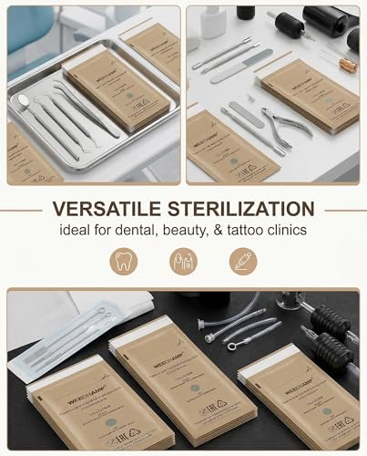 Disposable Kraft Sterilization Bags for Autoclave, Dry Sterilizer, Manicure and Pedicure Instruments, Suitable for Dentists and Beauticians (100 x 200 mm), Pack of 60