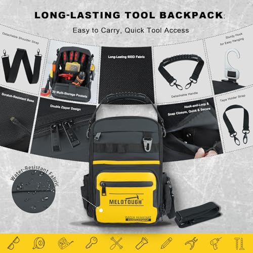 MELOTOUGH Small Tool Backpack for Men 30 Multi-Storage Pockets Heavy Duty Tool Bag Backpack, Tape Measure Holder Measuring Tape Holder