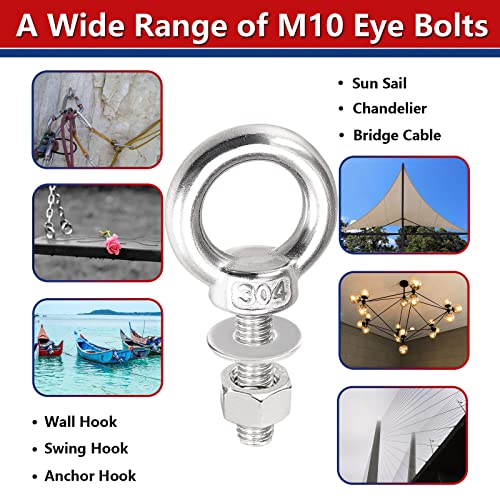 Lifting Shoulder Eye Bolts, Ekunbuy Screw Bolt 304 Stainless Steel Heavy Duty Lifting Ring Threaded Eyebolts with Washers and Nuts for Indoor Outdoor M10x39mm（3/8"x 1.56"） 8