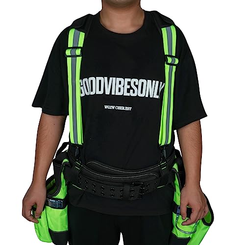 MELOTOUGH High Visibility Tool Belt Suspenders Safety Reflective Tool belt Harness with Movable shoulder Pads + Padded Tool Belt with D ring, adjustable waist 33'-47 'thick confortable foam