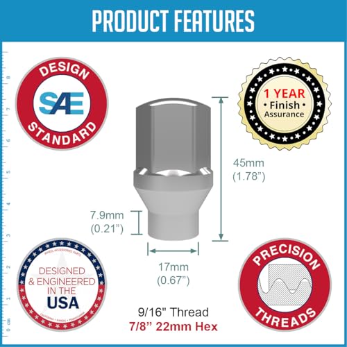 Wheel Accessories Parts 20 Pcs 9/16"-18 Thread ET OEM Style Lug Nuts 1.77" Long Chrome 7/8" 22mm 6036433AA ｜ 611-204 Fits Dodge RAM 1500 ｜ RAM 1500 Classic 20 Pack Factory Style ET