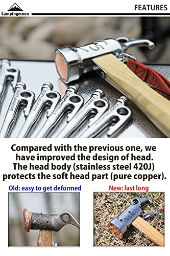 CAMPINGMOON Camping Hammer Peg Tent Stake Hammer Stainless Steel Built-in Pure Copper Head Wood Hand with Tent & Tarp Stake Remover C5 Built-in Pure Copper Head Hammer (C5)