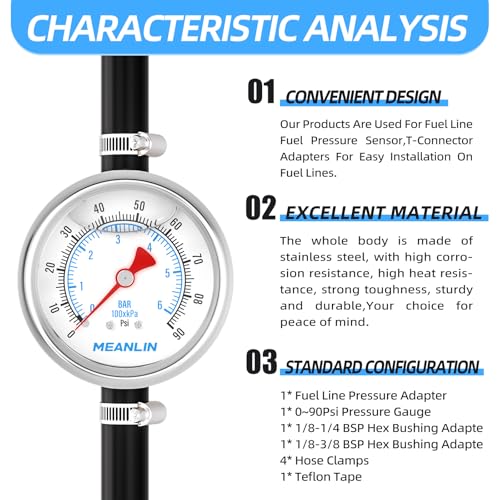 MEANLIN MEASURE 0~6BAR/90PSI Stainless Steel Glycerine Filled Fuel Pressure Gauge 1/8 Inch BSP 1.5 Inch Face Dial, with 1/2 Inch Fuel Line Pressure Adapter Liquid Filled Pressure Gauge (9 Pieces Kit Rear mounted (1/2 inch fuel line)