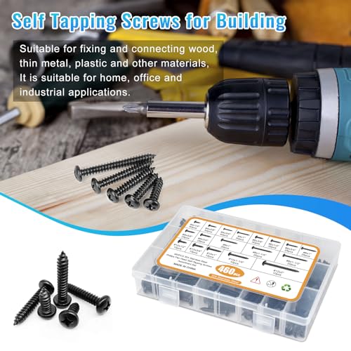 460PCS Black Stainless Steel Wood Screws Assortment Kit, 18 Sizes #4#6#8#10#12 Pan Head Sheet Metal Screws Self Tapping Screws Set for Wood Deck Drywall Concrete Screws, Length 1/4" to 2" Black Pan Head 460PCS