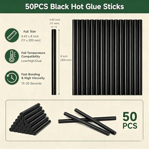 50Pcs Black Hot Glue Sticks Full Size for DIY Art Craft, 0.43” Diax8” Long Full-size | 0.43" Dia. X 8" Long