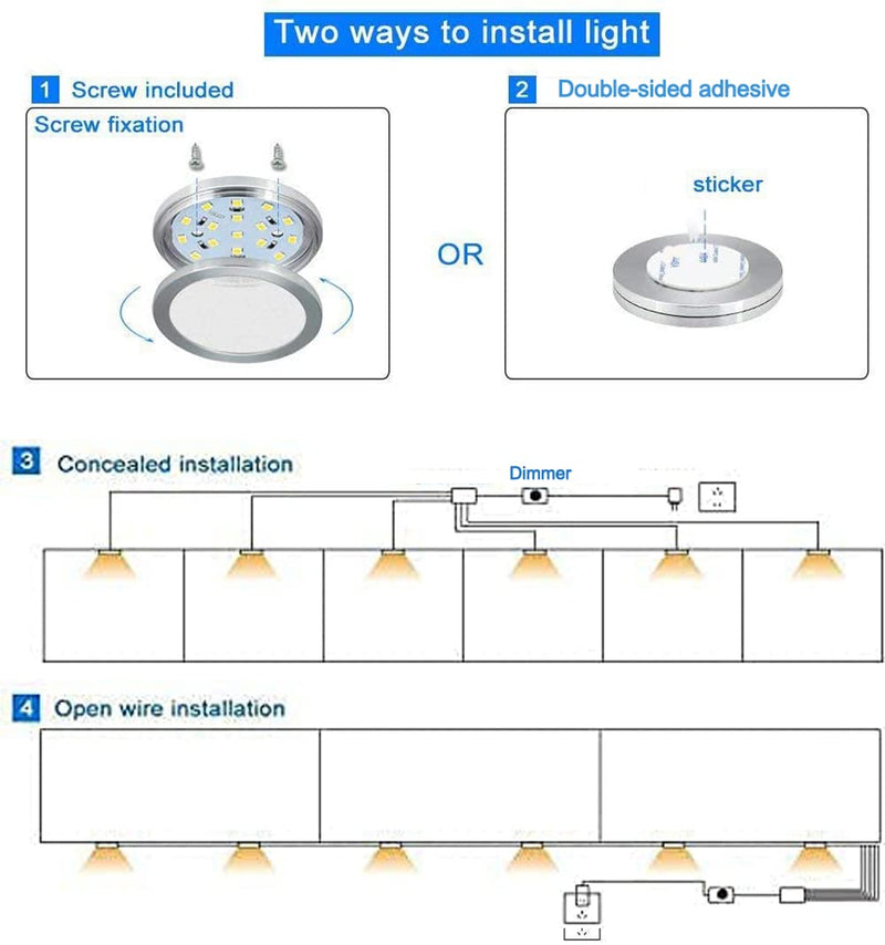 Cefrank Dimmable Puck Lights, 6pcs Warm White Bookcase Lighting Kit w/Rotary Dimmer Switch, Total of 18W, 1500 Lm LED Under Cabinet Lights - Warm White, 3000K