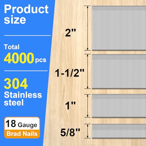 18 Gauge 5/8" to 2 Inch 304 Stainless Steel Brad Nails, 4000-Pack