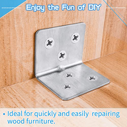 Stainless Steel L Bracket Corner Braces + Screws, Small Corner Bracket for Wood, Heavy Duty Metal Right Angle Bracket for Wooden Shelves Table Chair Bed Cabinet Furniture
