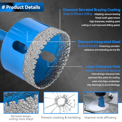 Diamond Hole Saw Tile Drill Bits Kit, 11 PCS Serrated Brazing Core Drill Bit Set with EVA Hole Saw Guide Jig, Hole Saw Sets for Ceramic, Glass, Tile, Marble, Granite, Gypsum K2-6/8/10/12/20/25/28/32/35/45/50 MM
