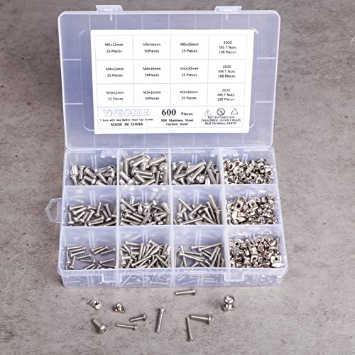 600Pcs M3 M4 M5 2020 Series T Nuts & Button Head Socket Bolts Assortment Kit – Nickel-Plated Carbon Steel T-Nuts & 304 Stainless Steel Button Head Hex Socket Bolts for 3D Printers, CNC, Industrial