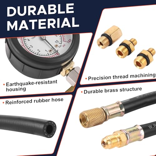 Fuel Pressure Detector kit 0-140 PSI, Universal Fuel Injection Pump Pressure Gauge kit with Quick Release Valve. ((TU-114Black) (TU-114Black）