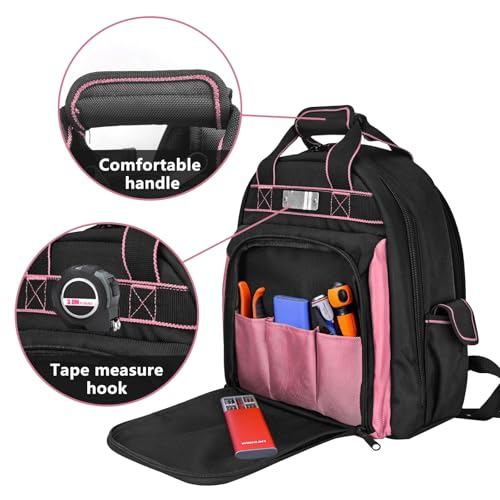 Men/Women Tool Bag Backpack, Heavy Duty Tool Backpack with Round Molded Base, 1680D Professional Level Durable Multi Pockets Tool Organizer for Electricians & Home Repair (Pink) Pink