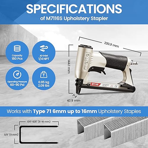 meite MT7116S Pneumatic Upholstery Stapler 22 Gauge 71 Series 3/8" Crown Industrial Fine Wire Stapler with Safety Built-in