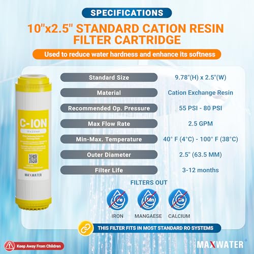 Max Water 10" x 2.5" Cation Resin Water Softener Cartridge, Compatible with AF-10-3003, WS-10, UDF-10C100E, 155319-43 & All 10 Inch Standard Whole House Water Filter Systems (2 Pack) 2 Count (Pack of 1)
