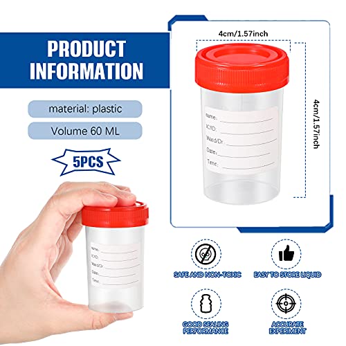 Pack of 5 Sample Containers Bottle 60 ml Sample Container Transparent Sample Bottle Urine Container with Secure Screw Lids Suitable for Experiments, Storage