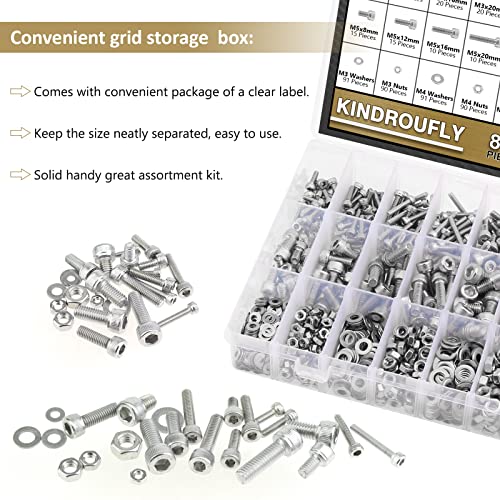 814 Pieces Socket Head Cap Screws Nuts Washers Kit, Kindroufly M3 M4 M5 M6 Screw Assortment Kit, Metric Screw Set, Bolts and Nuts, Machine Screws, 304 Stainless Steel, Fully Machine Thread M3/M4/M5/M6