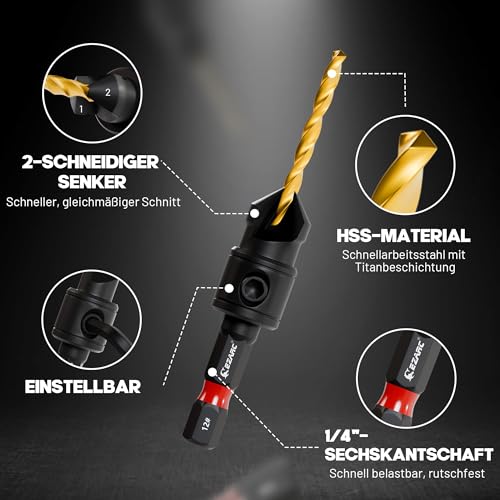 EZARC Countersunk Drill Wood Set, 12 Pieces Drill Bit with Countersink for Woodworking | #4, #6, #8, #10, #12, titanium coated HSS, double edge design, 1/4" hex, magnet extension holder, storage box