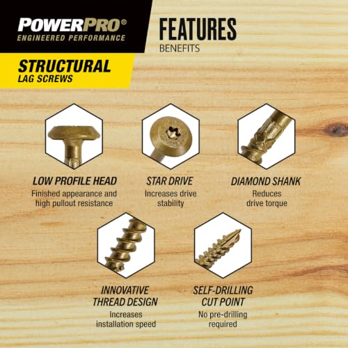 Power Pro Structural Lag Screws, 1/4in x 1-1/2in, 250 Pieces, Bronze 1/4 inch x 1-1/2 inch 250pc