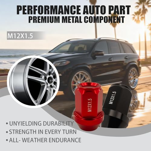 M12x1.5 Wheel Lug Nuts, 20-Pcs Lightweight Aluminum Alloy Set, Extensive Compatibility for Toyota, Honda, Buick, Ford, Chevrolet, Hyundai, Kia, Mazda, Mitsubishi, Chery (Racing Red) Racing Red