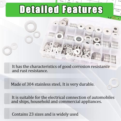 530Pcs Fender Washers for Screws and Bolts, 23 Sizes SAE & Metric Flat Assorted washers Kit,304 Stainless Steel Washers Set for Bolts (M3 M4 M5 M6 M8 M10 M12 6# 8# 10# 1/4 5/16 3/8 1/2) Metric &SAE-530PCS Flat Washers
