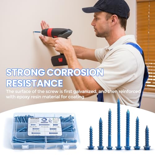 200PCS Concrete Screws, 3/16" 1/4" Masonry Screws with Drill Bit and Driver Bit, 7 Sizes Hex Head Cement Screws for Masonry, Block or Brick, Diamond Point, Blue Coated 200PCS 3/16" & 1/4" Assortment (7 Sizes) Slotted Hex Head
