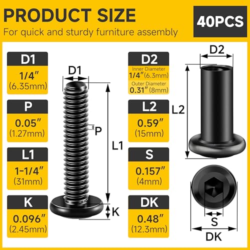 Mywish 20Set 1/4-20 Bolt Socket Cap Bolts, 1-3/4" Button Head & (20Sets) 1/4-20 x 1-1/4" Flat Head Socket Cap Screws Bolts and Barrel Nuts Kit, 304 Stainless Steel Black Oxided Fully Thread 1/4 Furnit