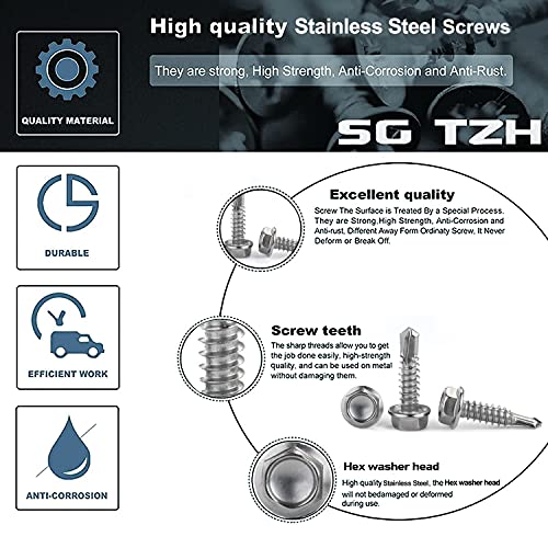 #12 x 5 Sheet Metal Screws 100PCS 410 Stainless Steel Hex Washer Head Fast Self Tapping Screws by SG TZH #12 x 5"