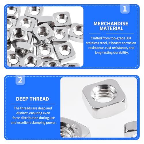 25 Pcs Square Nuts, M10 Thread, 17mm Side x 8mm Thick M10×17×8mm Silver 25 pcs
