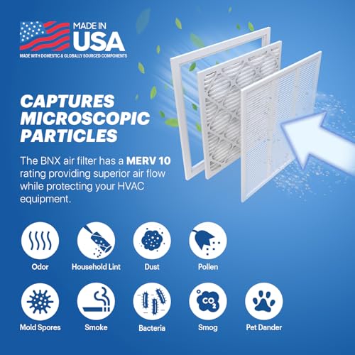 BNX TruFilter 20x25x1 MERV 10 (6-Pack) AC Furnace Air Filter - MADE IN USA - Pleated Air Conditioner HVAC AC Furnace Filters - Removes Odor, Mold, Bacteria, Smoke 20x25x1 6-Pack