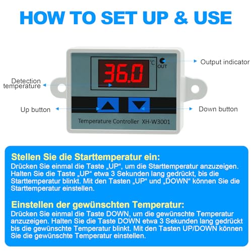 Digital LCD Display Temperature Controller XH-W3001, DC 12V 120W Thermostat Switch with Waterproof Probe Microcomputer Thermostat