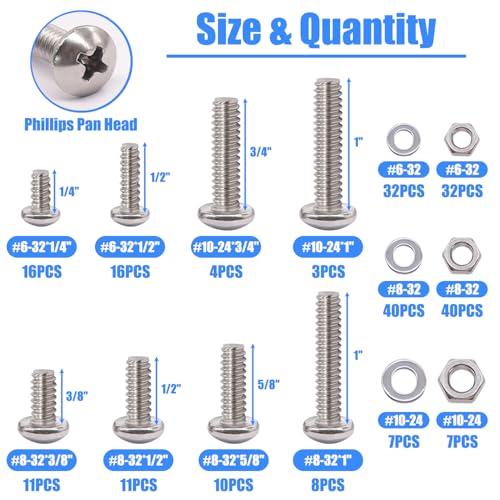 Nuts and Bolts Assortment Kit, 304 Stainless Steel Bolts Phillips Pan Head Machine Screws + 1287PCS Nuts and Bolts Assortment Kit, Metric & SAE Phillips Pan Head Machine Screws
