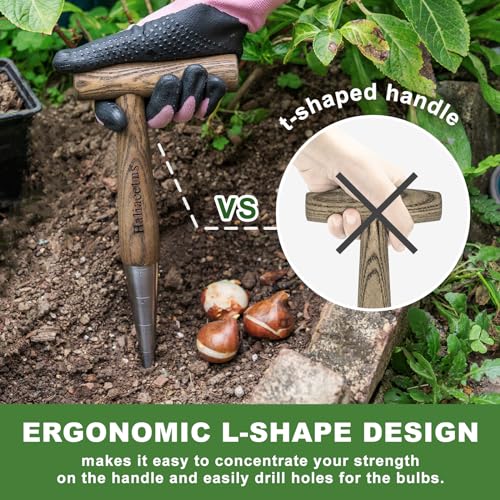 Hand Dibber with 5 inches Measuring Scale, Easy to Grip L-Shaped Wood Handle Dibbler, Stainless Steel Mattock with Sharp Pick and Cutting Edge for Breaking up Heavy Clay Soil