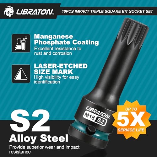 LIBRATON 10PCS Impact XZN Triple Square Spline Bit Socket Set, 1/2" Dr